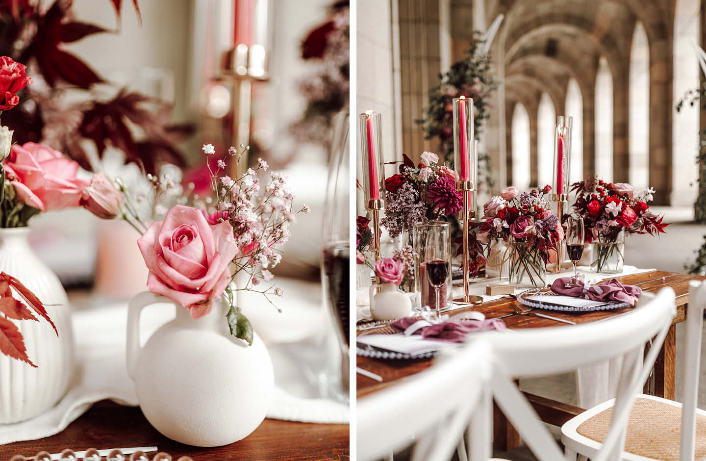it Blumen in rosatönen geschmückte Hochzeitstafel  