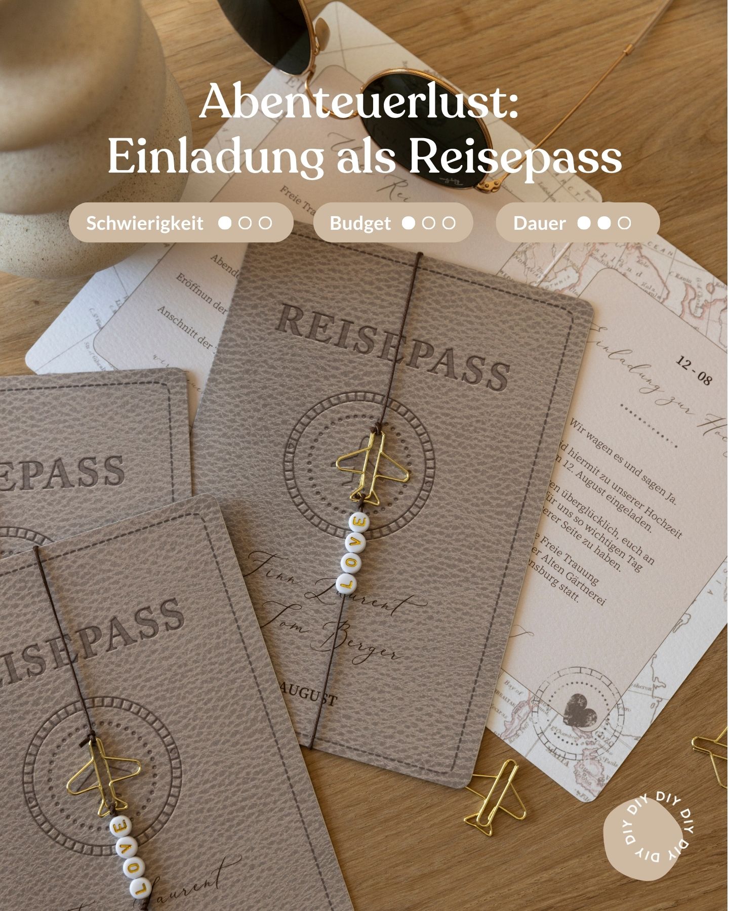DIY-Hochzeitseinladungen im Reisepass-Stil