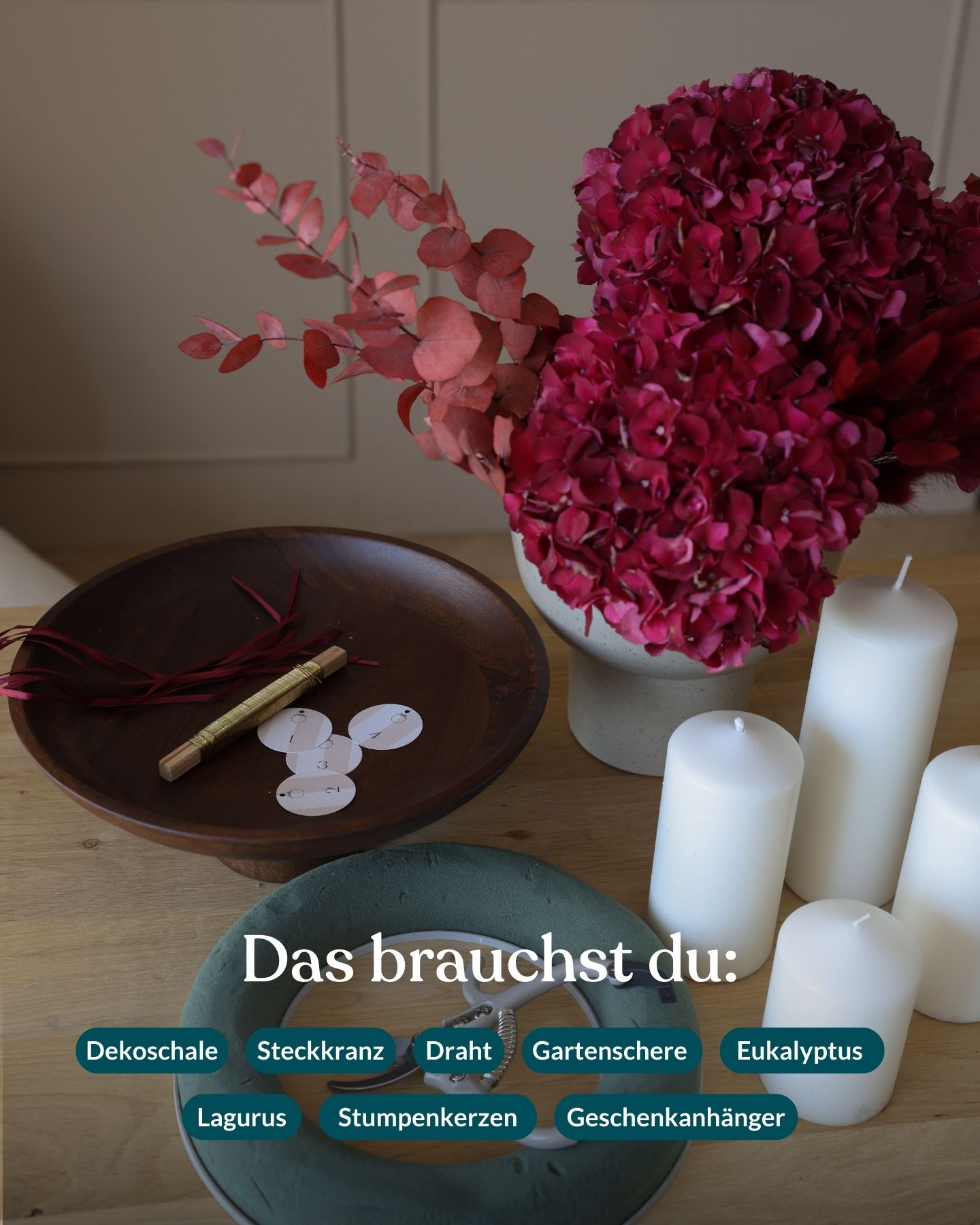 Materialien für Adventskranz aus Hortensienblüten